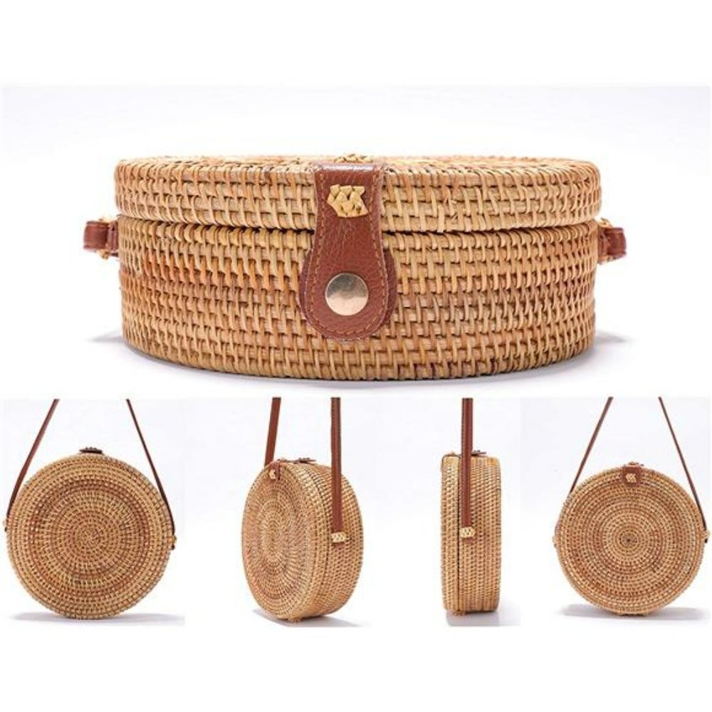 Handwoven Round Rattan Bag Shoulder Leather Straps Natural Chic Hand